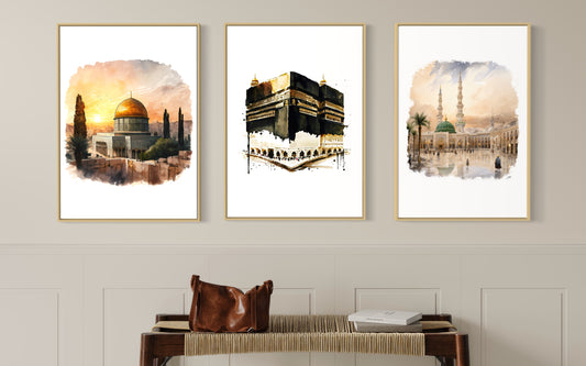 Sacred Trio: Watercolour Paintings of The Holy Kabah, Masjid Al Aqsa and Masjid Nabawi